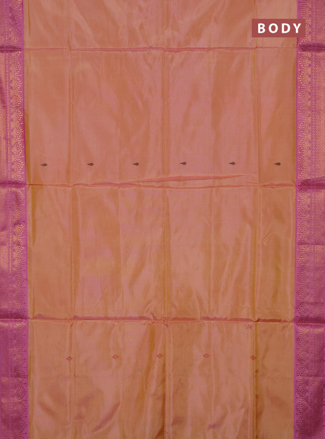 Banana pith saree pale yellow and pink with thread woven buttas and zari woven buttas