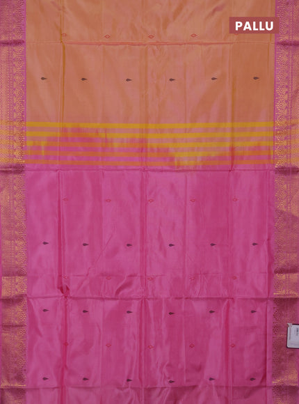 Banana pith saree pale yellow and pink with thread woven buttas and zari woven buttas