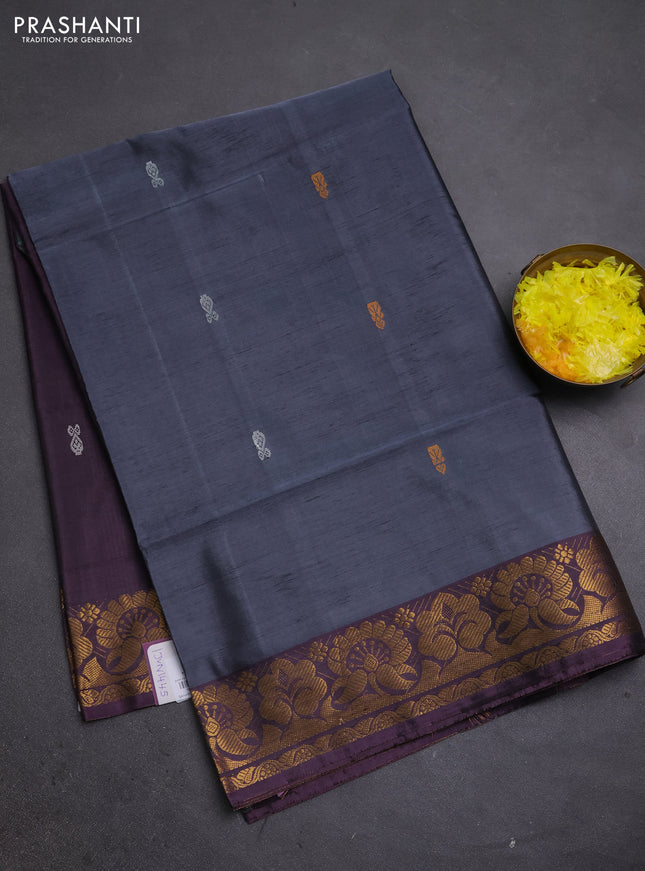 Banana pith saree grey and pastel purple with thread woven buttas and zari woven buttas