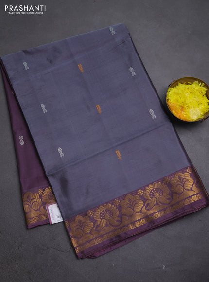 Banana pith saree grey and wine shade with thread woven buttas and zari woven buttas