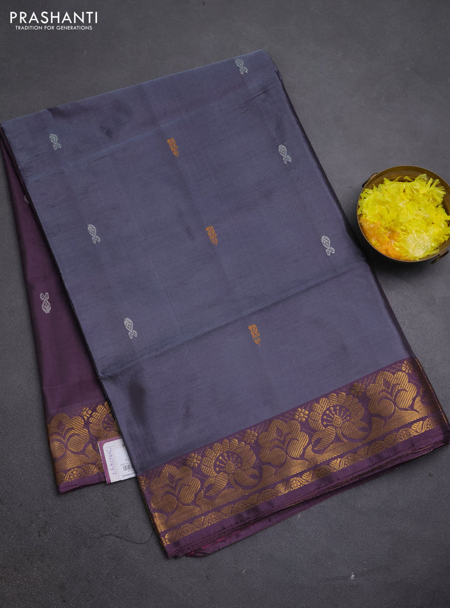 Banana pith saree grey and wine shade with thread woven buttas and zari woven buttas