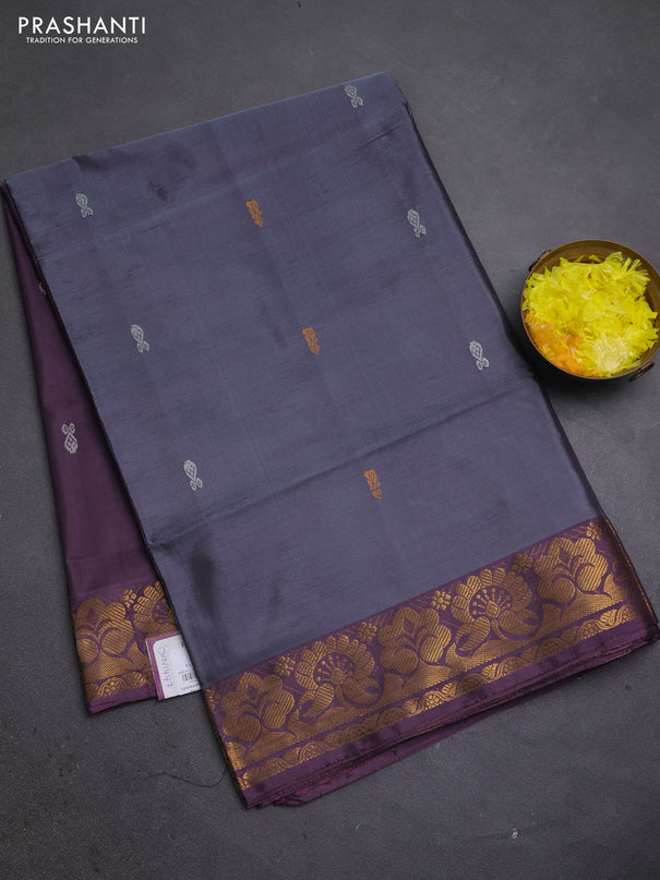Banana pith saree grey and wine shade with thread woven buttas and zari woven buttas