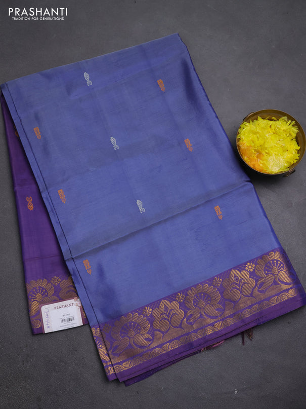 Banana pith saree blue and wine shade with thread woven buttas and zari woven buttas