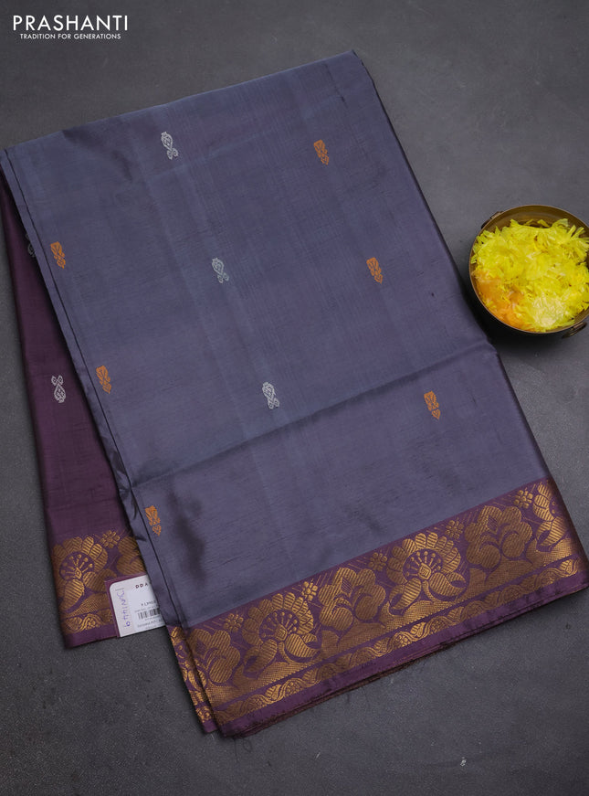 Banana pith saree grey and wine shade with thread woven buttas and zari woven buttas