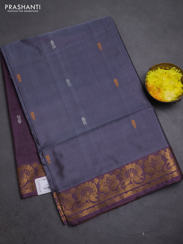 Banana pith saree grey and wine shade with thread woven buttas and zari woven buttas