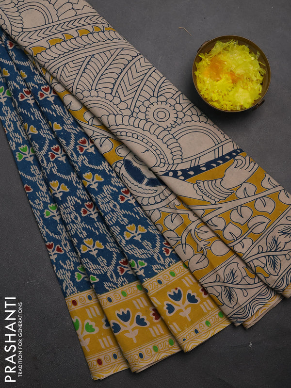 Kalamkari cotton saree peacock green and yellow with allover prints and printed border