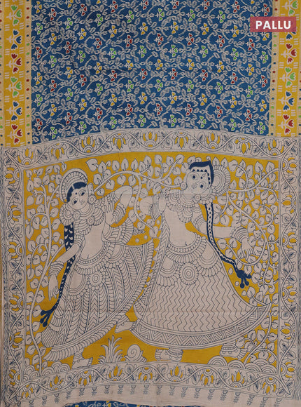 Kalamkari cotton saree peacock green and yellow with allover prints and printed border