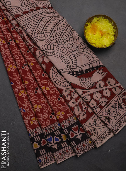Kalamkari cotton saree maroon and black with allover prints and printed border