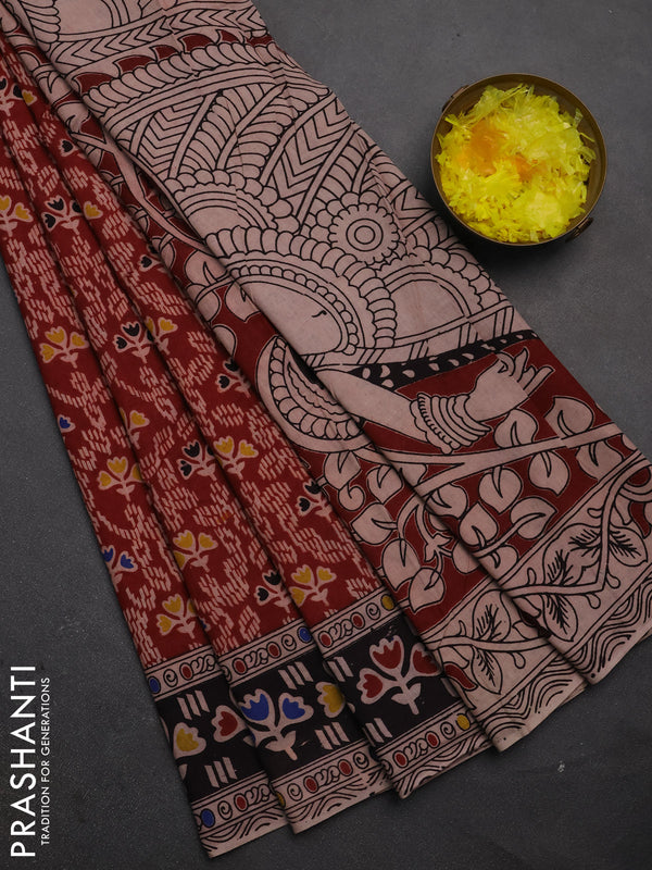 Kalamkari cotton saree maroon and black with allover prints and printed border
