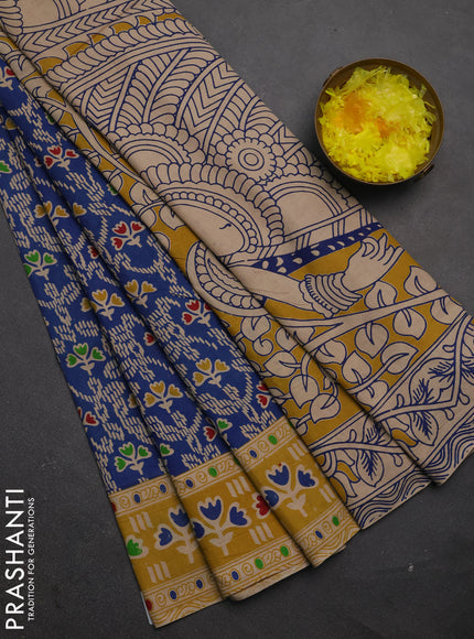 Kalamkari cotton saree blue and yellow with allover prints and printed border