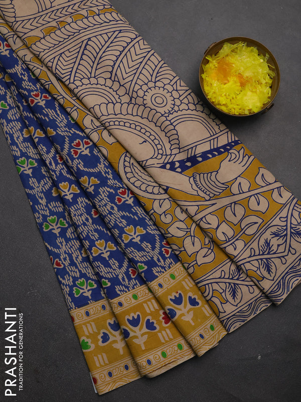 Kalamkari cotton saree blue and yellow with allover prints and printed border