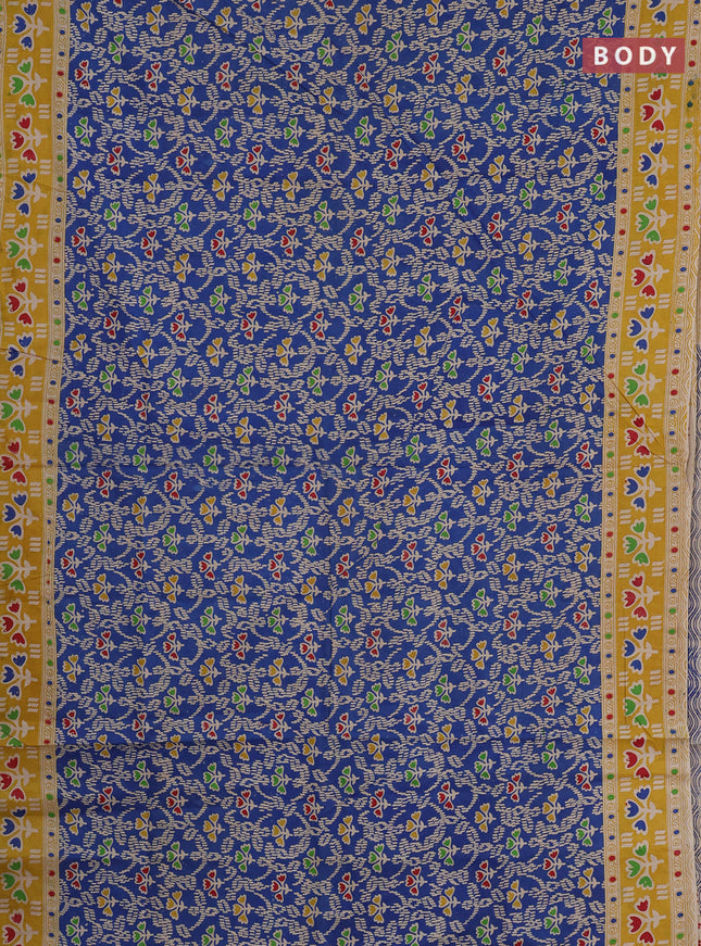 Kalamkari cotton saree blue and yellow with allover prints and printed border