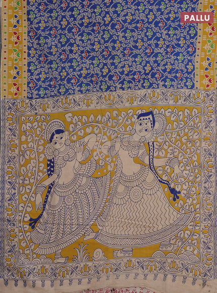 Kalamkari cotton saree blue and yellow with allover prints and printed border