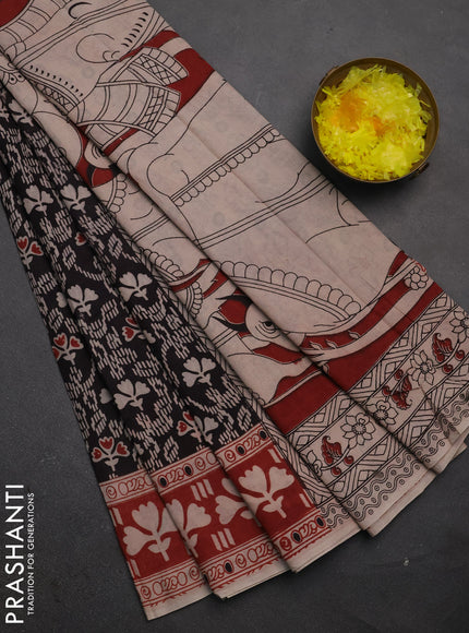 Kalamkari cotton saree black and maroon with allover prints and printed border