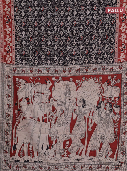 Kalamkari cotton saree black and maroon with allover prints and printed border