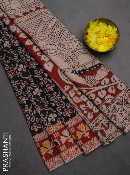 Kalamkari cotton saree black and maroon with allover prints and printed border