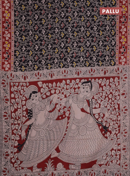 Kalamkari cotton saree black and maroon with allover prints and printed border