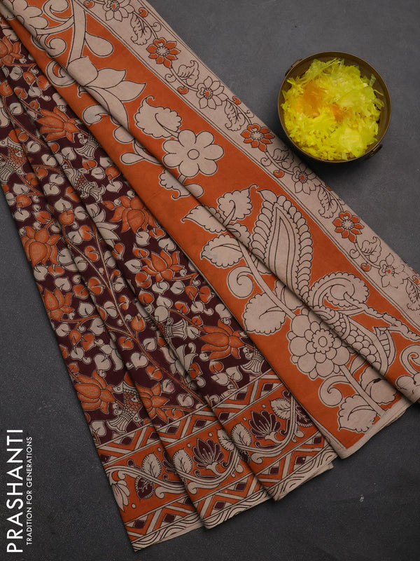 Kalamkari cotton saree deep maroon and rust shade with allover prints and printed border