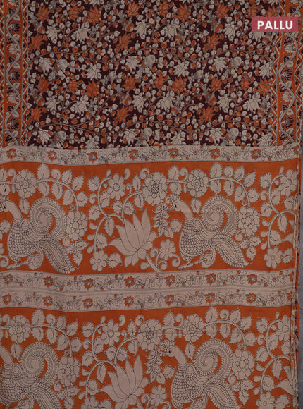 Kalamkari cotton saree deep maroon and rust shade with allover prints and printed border