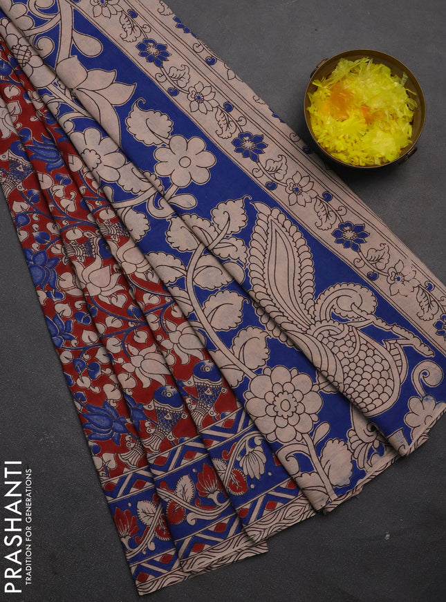 Kalamkari cotton saree maroon and blue with allover prints and printed border