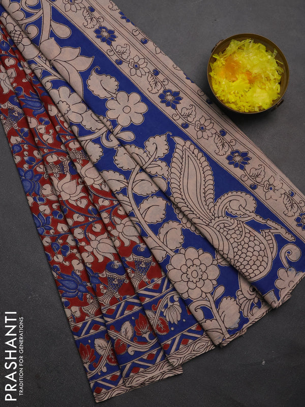 Kalamkari cotton saree maroon and blue with allover prints and printed border