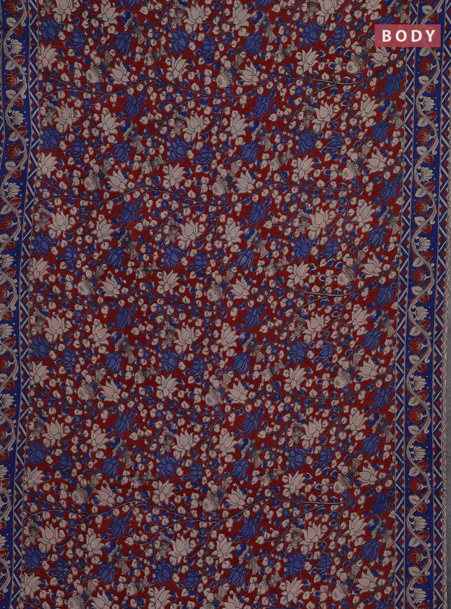 Kalamkari cotton saree maroon and blue with allover prints and printed border