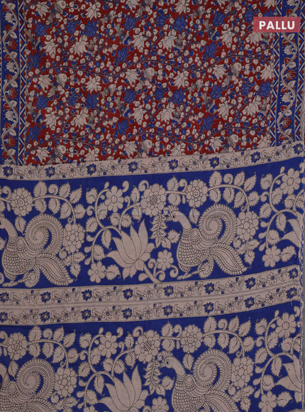 Kalamkari cotton saree maroon and blue with allover prints and printed border