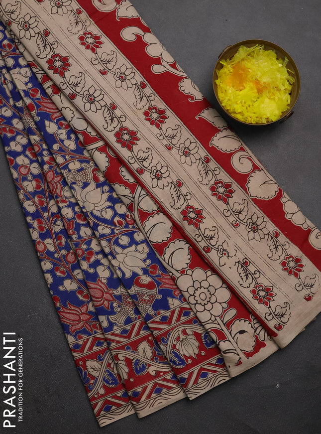 Kalamkari cotton saree blue and maroon with allover prints and printed border