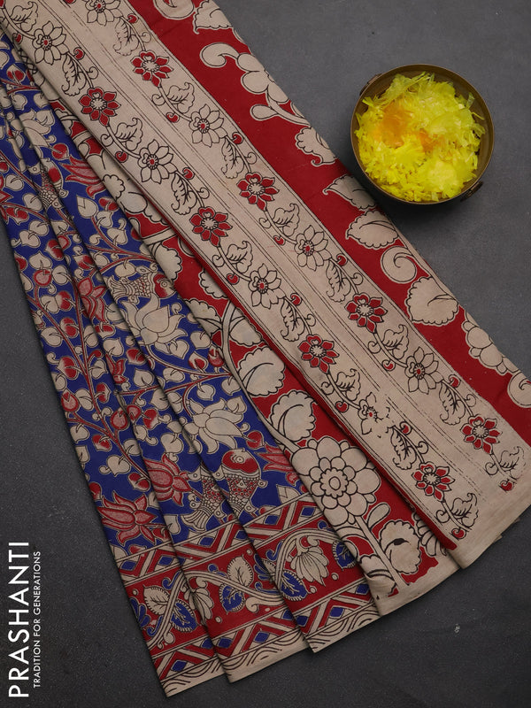 Kalamkari cotton saree blue and maroon with allover prints and printed border