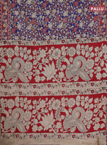 Kalamkari cotton saree blue and maroon with allover prints and printed border