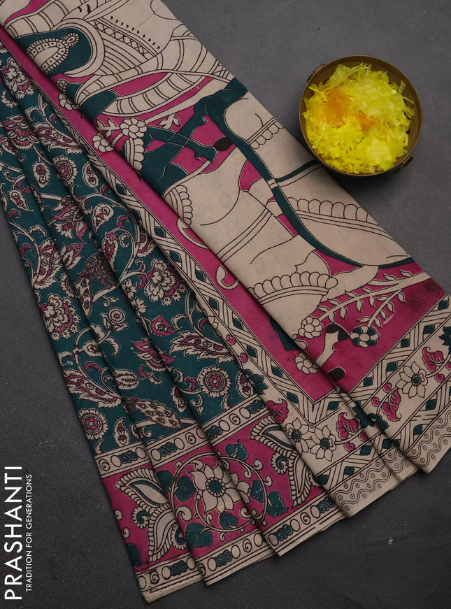 Kalamkari cotton saree green and pink with allover prints and printed border