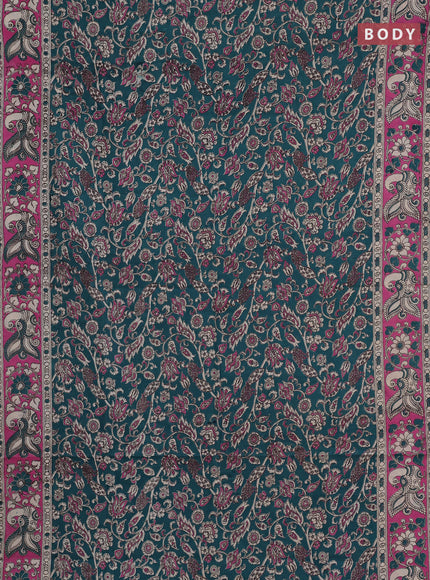 Kalamkari cotton saree green and pink with allover prints and printed border