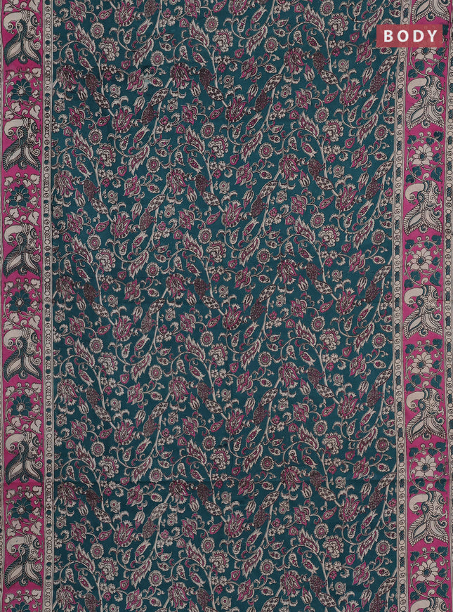 Kalamkari cotton saree green and pink with allover prints and printed border