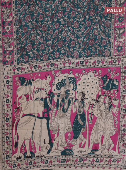 Kalamkari cotton saree green and pink with allover prints and printed border