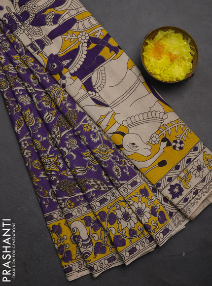 Kalamkari cotton saree violet and yellow with allover prints and printed border