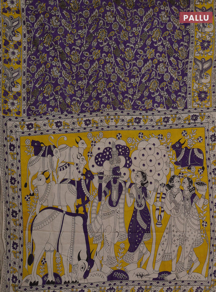 Kalamkari cotton saree violet and yellow with allover prints and printed border