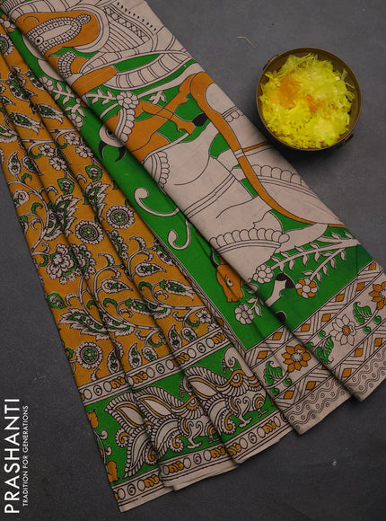 Kalamkari cotton saree yellow and green with allover prints and printed border