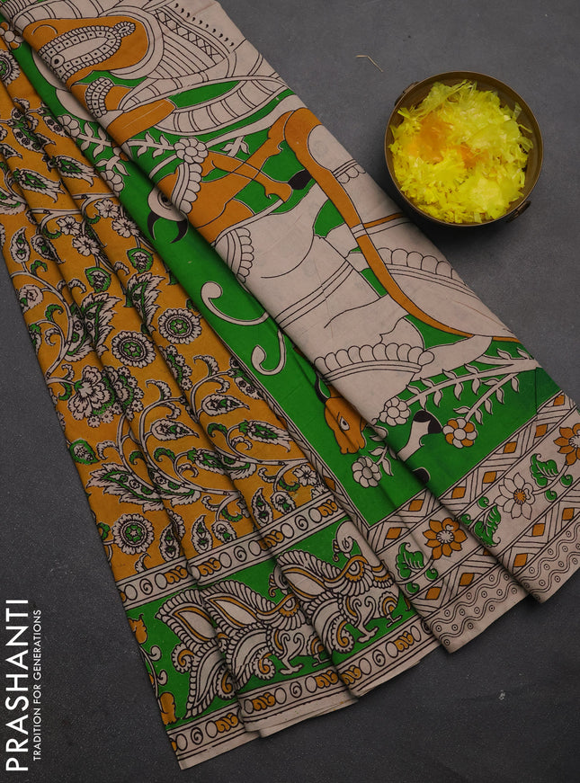 Kalamkari cotton saree yellow and green with allover prints and printed border
