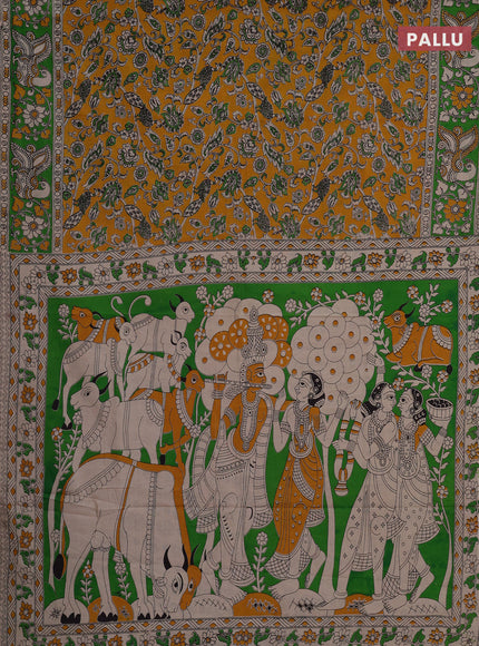 Kalamkari cotton saree yellow and green with allover prints and printed border