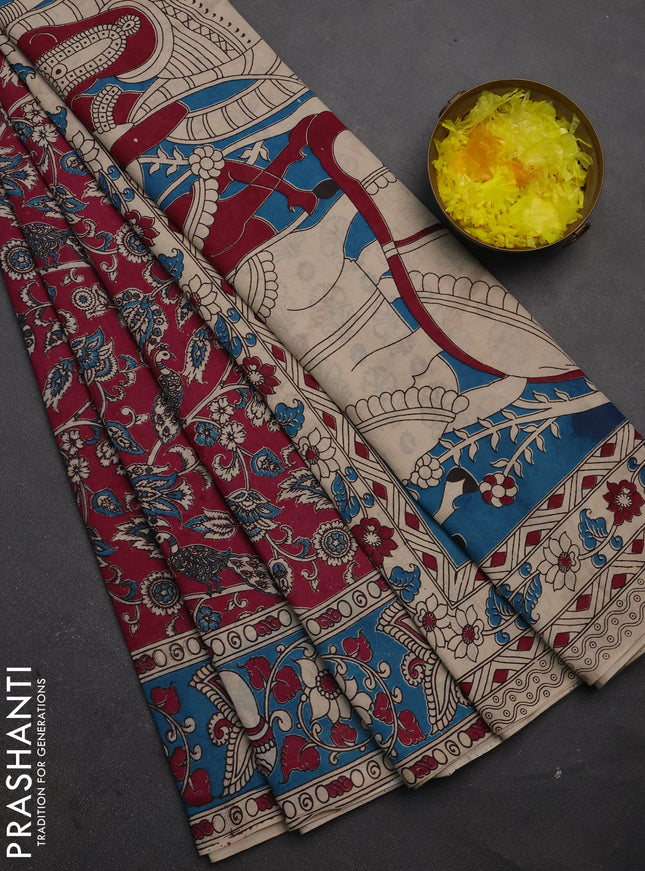 Kalamkari cotton saree wine shade and teal blue with allover prints and printed border