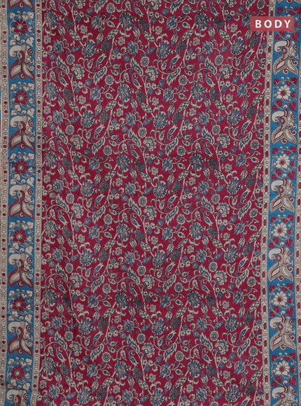 Kalamkari cotton saree wine shade and teal blue with allover prints and printed border