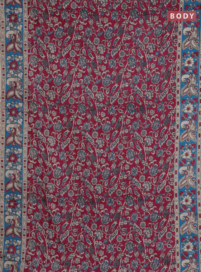 Kalamkari cotton saree wine shade and teal blue with allover prints and printed border
