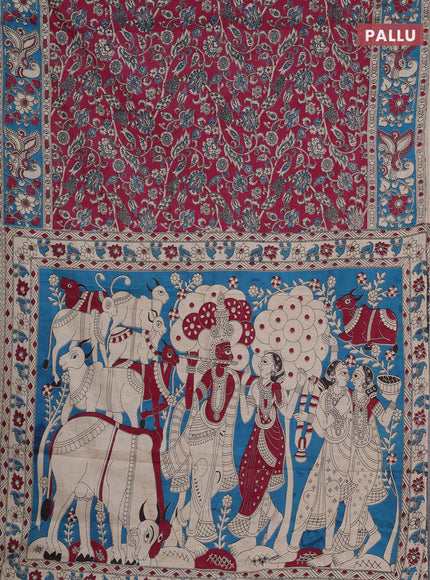 Kalamkari cotton saree wine shade and teal blue with allover prints and printed border
