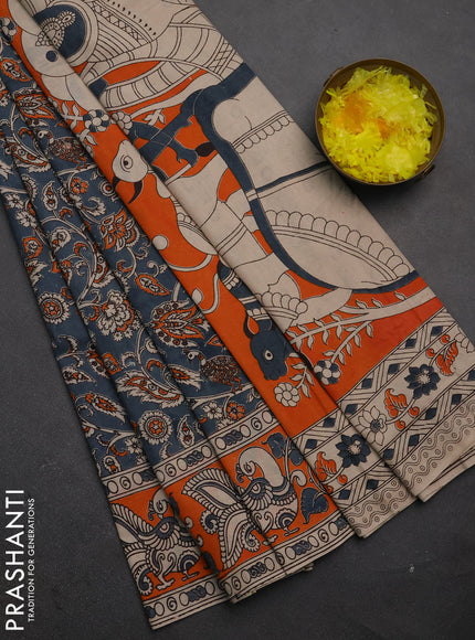 Kalamkari cotton saree grey and orange with allover prints and printed border
