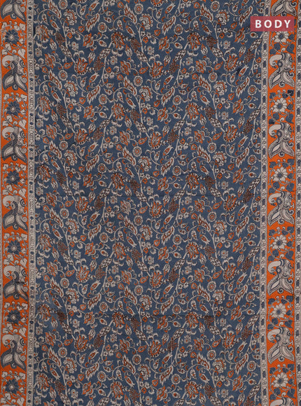 Kalamkari cotton saree grey and orange with allover prints and printed border
