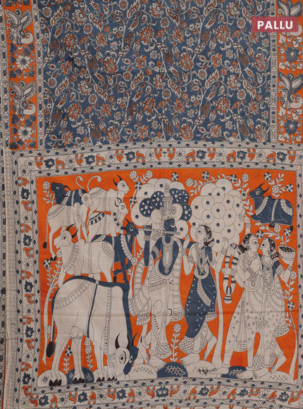 Kalamkari cotton saree grey and orange with allover prints and printed border