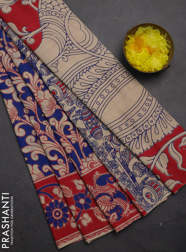 Kalamkari cotton saree blue and pink with allover prints and printed border