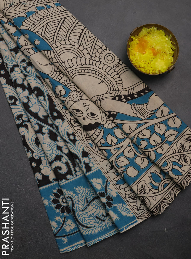 Kalamkari cotton saree black and teal blue with allover prints and printed border