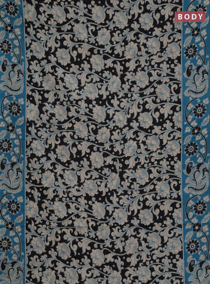 Kalamkari cotton saree black and teal blue with allover prints and printed border