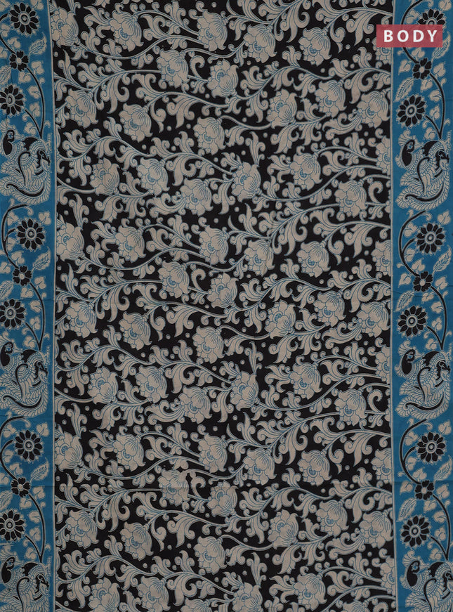 Kalamkari cotton saree black and teal blue with allover prints and printed border